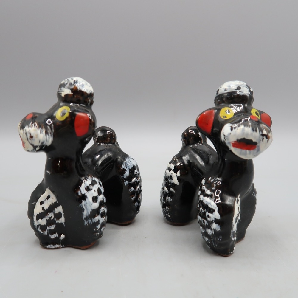 2 Vintage Black Poodle Dog Puppy Redware Figurine Set‎ Japan Lot 3" Mid Century